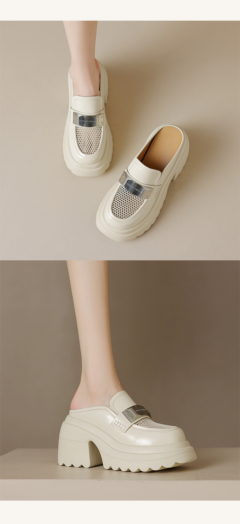 Giày mule cao gót 10 cm nữ mũi nhọn khoét lỗ lưới thoáng khí — Màu be, Màu đen chi tiết 9