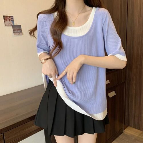 Plus-size ribbed mid-length short-sleeve T-shirt for women: Loose, figure-flattering design with fabric-matching color-blocking and a mock-two-piece effect—perfect for summer.