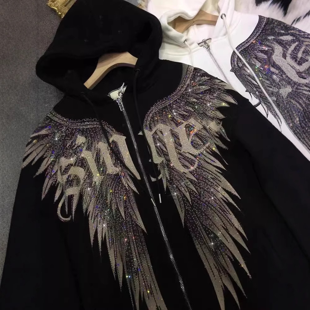 Women's Clothing Extra large size heavy industry diamond light luxury front and rear wings hooded long sleeved velvet jacket sweatshirt_voghion.com