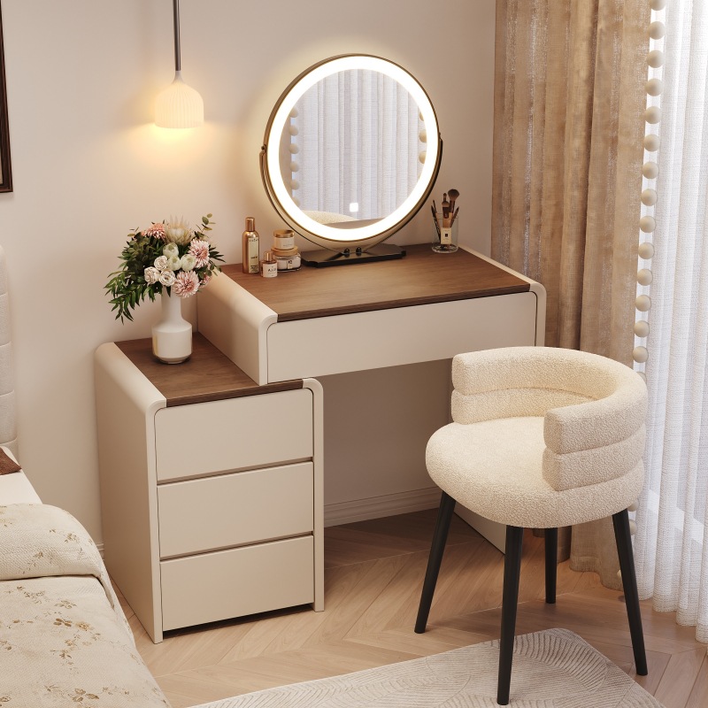 Simple 6cm Solid Wood Dressing Table for Small Bedroom, Vintage Cream Style Bedside Vanity with Integrated Drawer