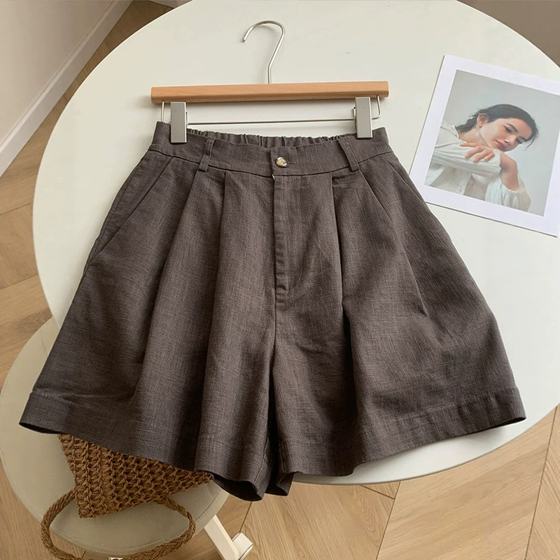 Highly Recommended! Washed Vintage Coffee-Colored Ramie Shorts for Women, Suitable for Summer, Make You Look Taller and Longer-Legged, High-Waisted Wide-Leg Pants