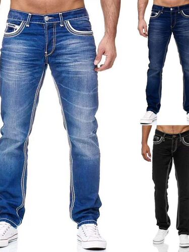European and American high-quality new men's slim fit two-line jeans classic three-color jeans new