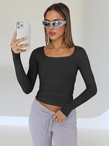 Women's Short Sleeve Independent Station Solid Color Western Style Collar Slim Fit Clothing Long Sleeve T-shirt