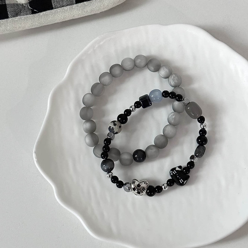 Black Cat-Themed Korean-Style Layered Gray and Black Bead String Kitten Simple and Elegant Bracelet Couple Bracelet Fashion Cat Bracelet Black Cat-Themed Korean-Style Layered Gray and Black Bead String Kitten Simple and Elegant Bracelet Couple Bracelet Fashion Cat Bracelet