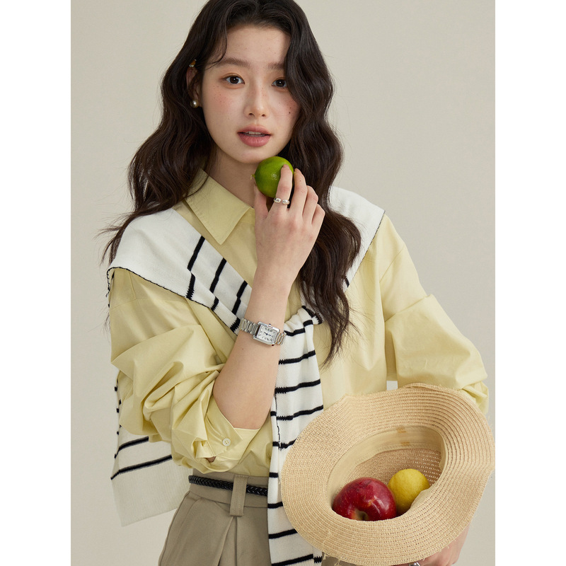 【Geming】French-Style Retro Striped Shawl Solid Color Half-Button Shirt for Women, New Spring Top W0085D 【Geming】French-Style Retro Striped Shawl Solid Color Half-Button Shirt for Women, New Spring Top W0085D