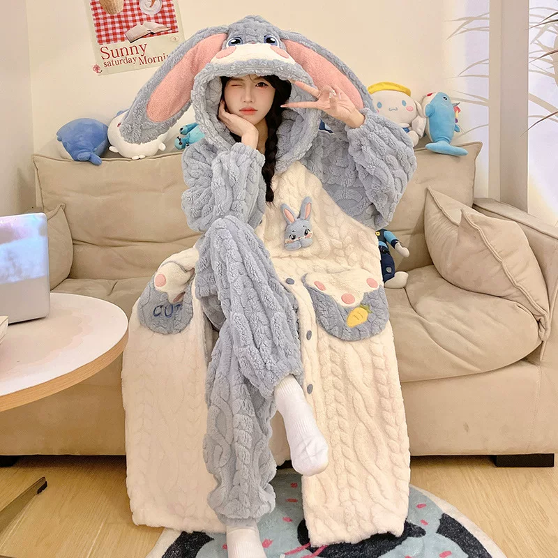 Халат из кораллового велюра демисезонный, теплый пижамный комплект, мультяшный дизайн, 2025