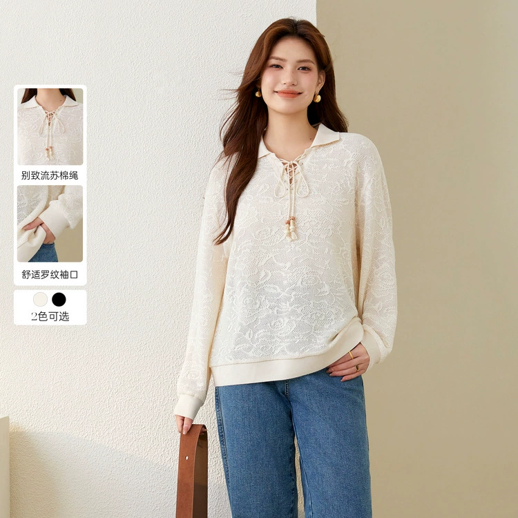 Блэк-шоу большой размер женской ретро тканой текстуры дизайн теплого мягкого ветра V-образный вырез рубашка жирный mm2024 осень новый стиль