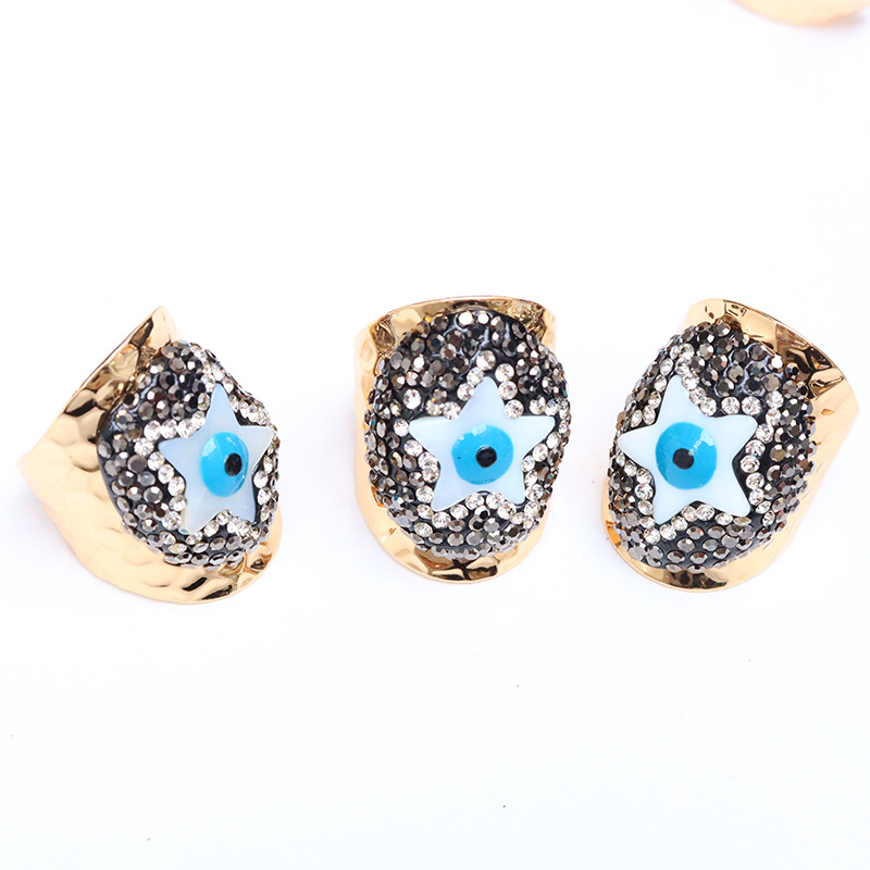 1 Piece Quantity Holiday Occasion Retro Streetwear Pentagram Devil's Eye Copper Inlay Natural Stone Shell Open Ring