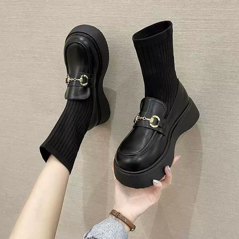 Носки-сапоги Женские эластичные тканые носки с ветром 2023 Весенняя новая Кукольная голова маленькая кожаная обувь Тонкие сапоги на толстой подошве ботильоны