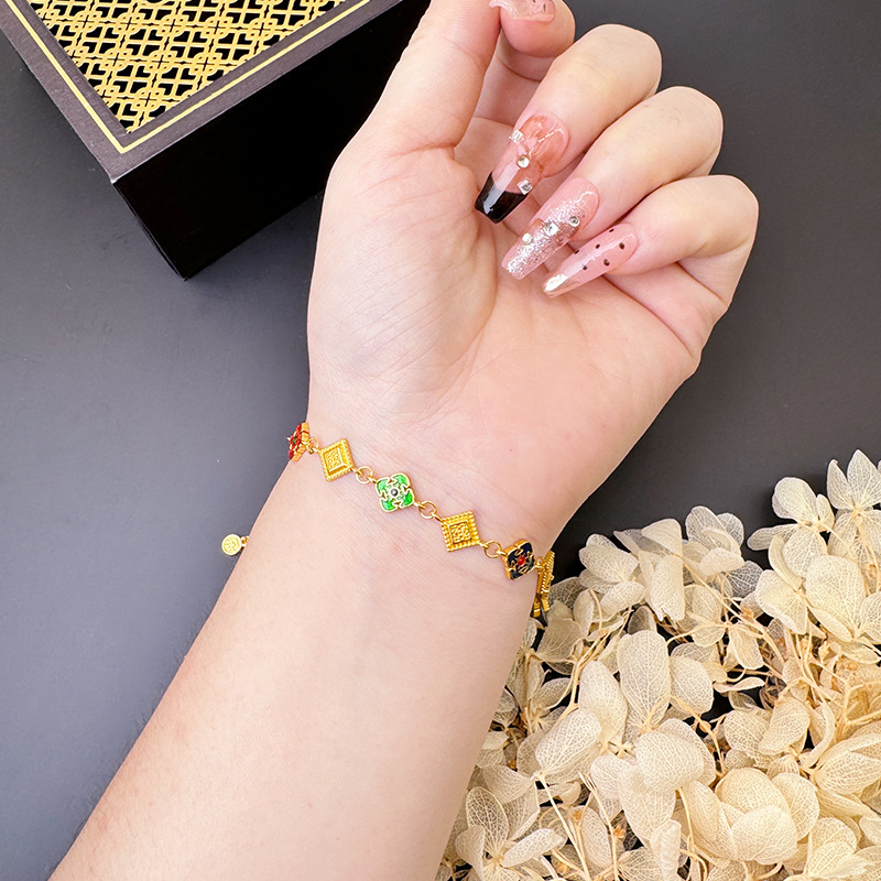 Brazalete de oro de arena de Vietnam nuevo estilo chino diamante esmalte Ping An feliz koi rosas joyerías de bloqueo fuente al por mayor