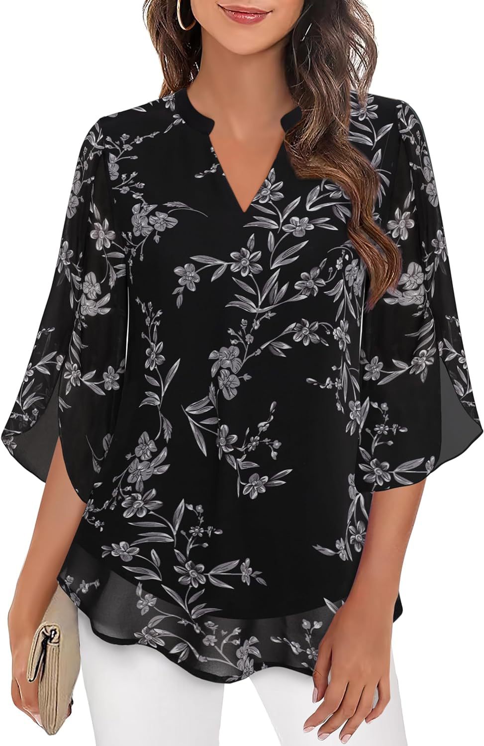 Damen Chiffonbluse Mit V-ausschnitt Und Blütenärmeln_voghion.com