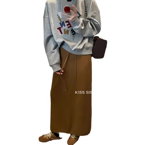 Waist-cinching knit half skirt, slimming, solid color, versatile, large swing A-line long dress, cashmere dress