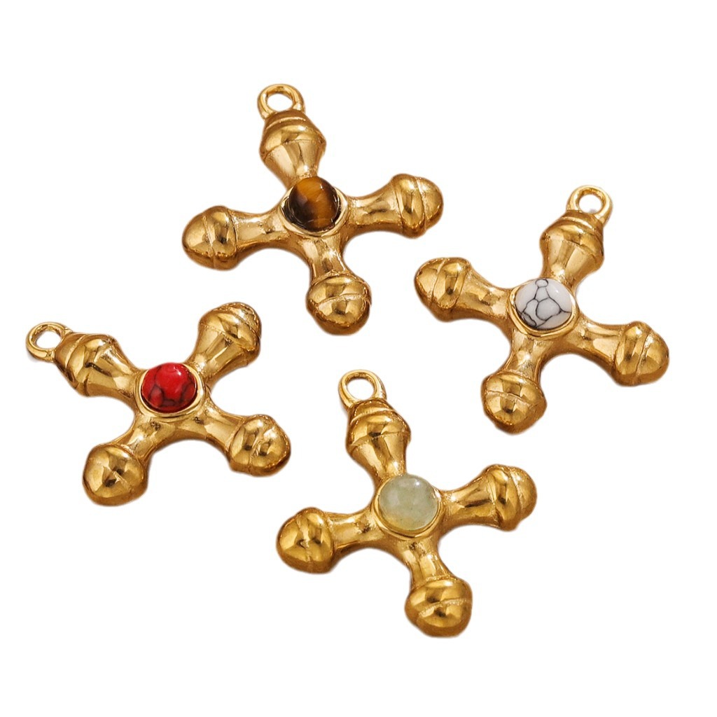 Ins europeo y americano retro lujo ligero natural ojo de tigre cruz colgante DIY titanio acero 18k oro cadena de clavícula