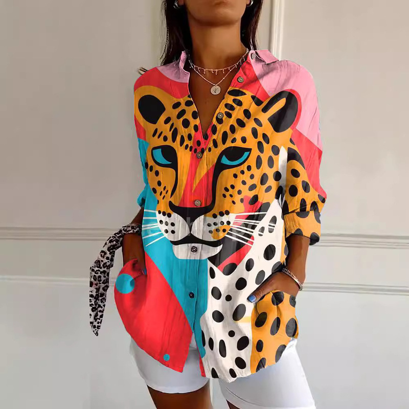 2024 New Women's Shirt Summer European and American Trendy Half-Sleeved Leopard Short-Sleeved Pattern Printing 3D Light and Thin