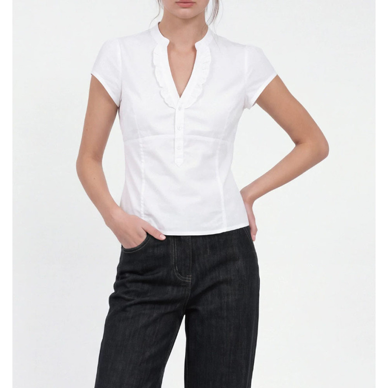 Spring and Summer American Retro Lace V-Neck Button Slimming Waist Shirt White Short-Sleeve Simple Versatile Women's Top Trendy Women's Fashion