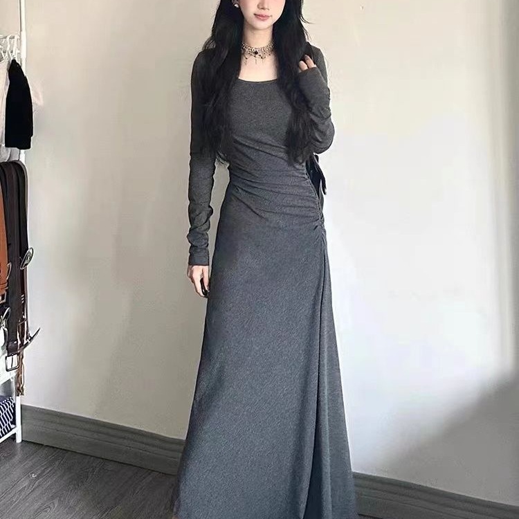 法式长袖灰色连衣裙子女收腰气质垂坠感显身材内搭包臀长裙早秋季|undefined