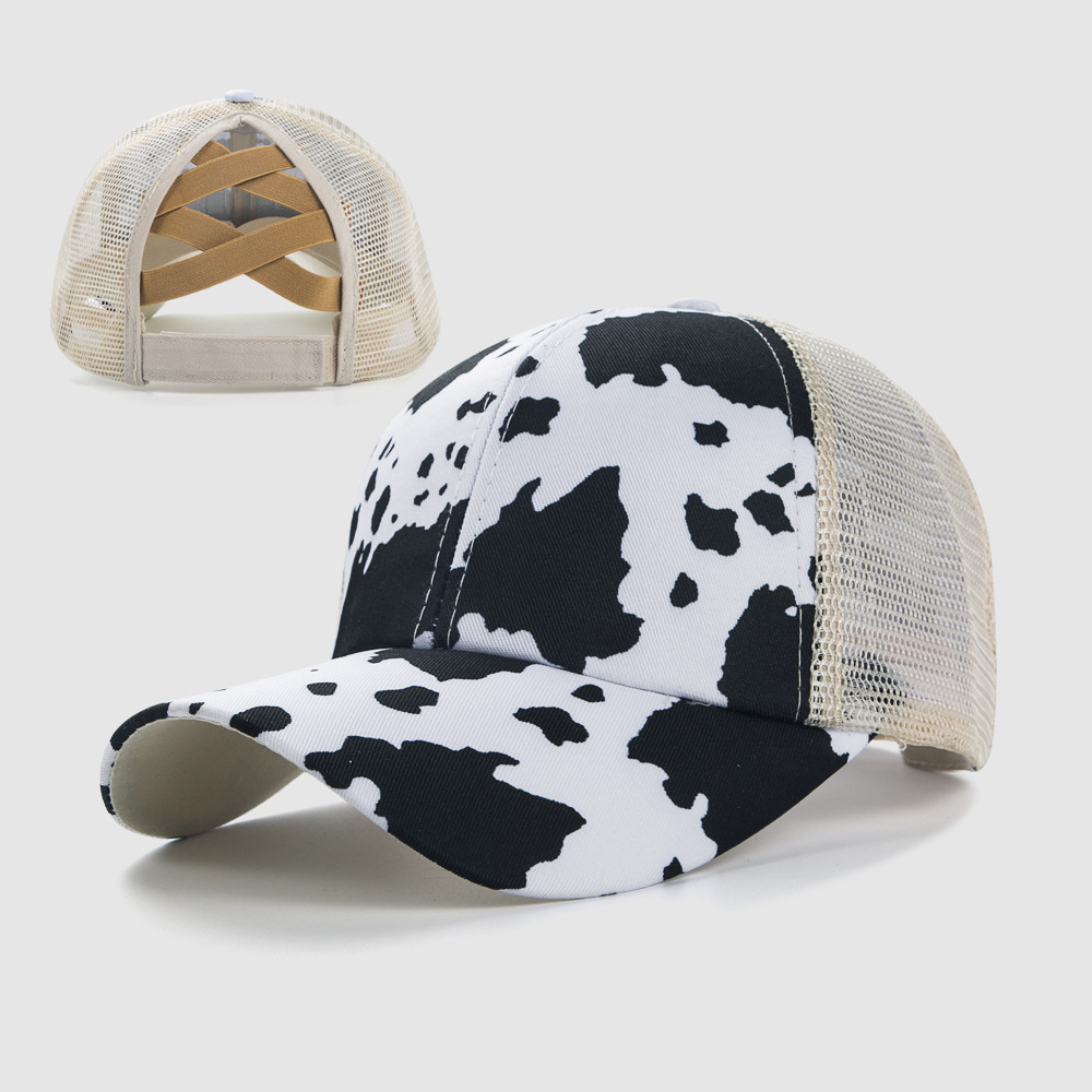 154g Weight Housewarming, Anniversary, Business, Wedding, Outdoor, Travel, Beach, Birthday, Festival, Sports, Shopping Occasion Cotton Material Graffiti Pattern Vintage Cow Pattern Cross Elastic Mesh Ponytail Peaked Cap Wholesale