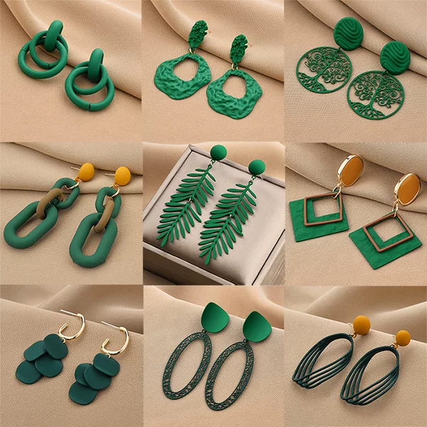 Green Earrings Silver Pin Exaggerated Light Luxury High-end Ear Drop Fashion All-match Elegant Ear Stud Distinctive Earrings Wholesale