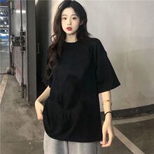 纯棉短袖黑色t恤女韩版上衣宽松夏季新款纯色圆领显瘦中长款