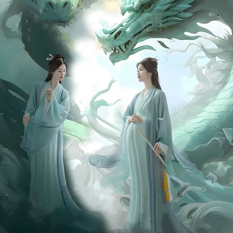 New Year of the Dragon Pregnant Women Theme Wei Jin Antique Green Wide Sleeve Improved Hanfu suit Pregnant Mother Art Photography Clothing