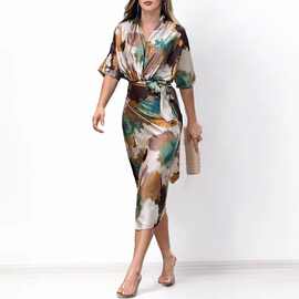 V-neck long-sleeved strapless dress女士V领中袖系带包臀连衣裙