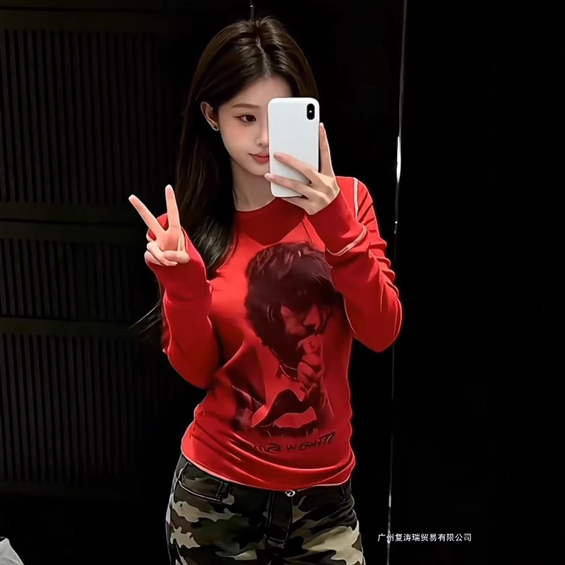 In Stock Now! 2026 Early Spring New Niche Design Rolling Stones Portrait Print Waffle Long-Sleeve T-Shirt for Women