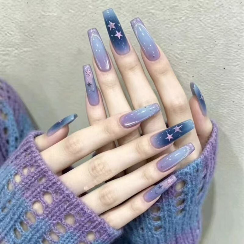 Blue-purple gradient dreamy nebula sky press-on nails, long tapered, brightening, high-end beauty fake nail patches, direct wholesale from cross-border factory