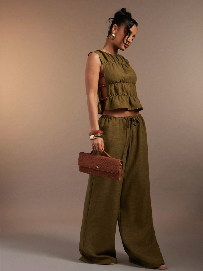 Women's Spring Solid Color Two Piece Set Retro Long Pants Vest Outfit_voghion.com