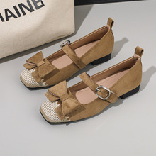 單鞋女2025年春秋時尚百搭粗跟方頭蝴蝶結休閑414243大碼女鞋低跟