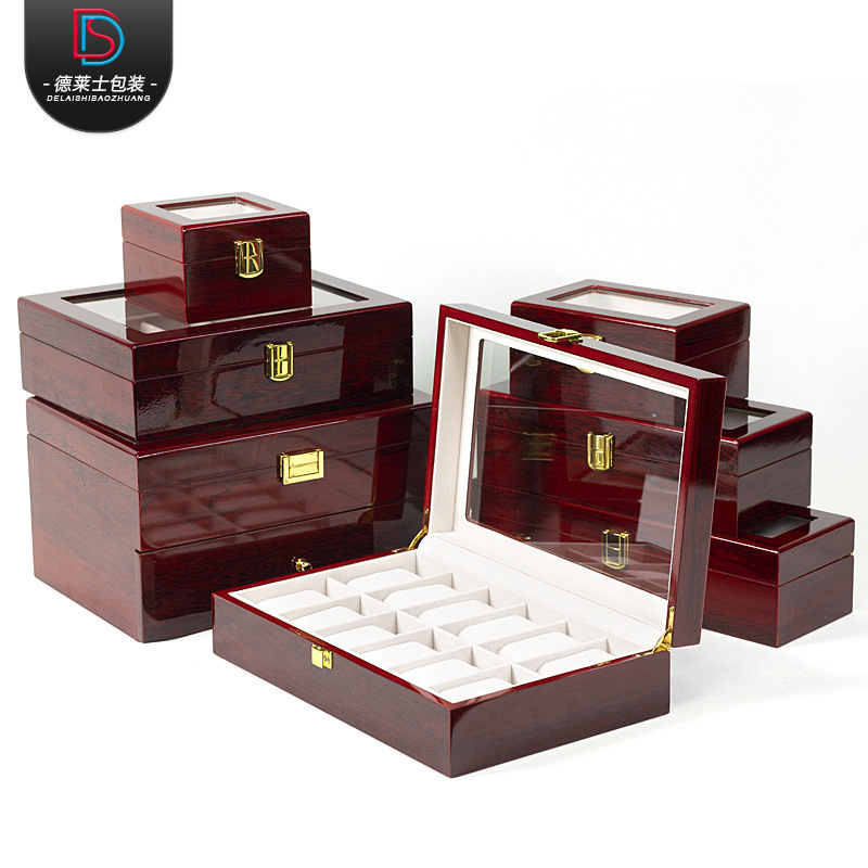 En stock pintura roja reloj caja de almacenamiento a prueba de polvo con claraboyas reloj pulsera caja de exhibición caja de colección