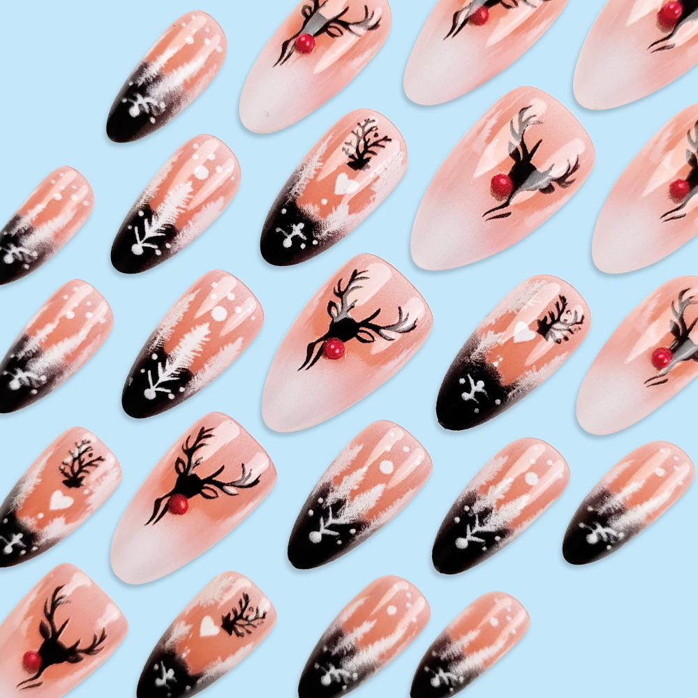 Navidad alce tema manicure almendra manicure punto transfronterizo perforación corto para usar un parche de uñas 24 piezas de parche de uñas image 5
