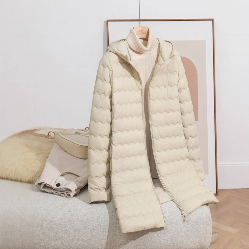 Demi-season fashionable long light and thin keep warm down jacket…