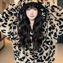 韩版豹纹印花三层夹棉连帽睡衣女冬新款加绒加厚保暖家居服套装冬