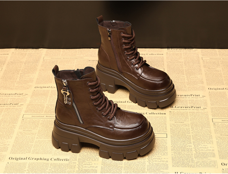 Boot nữ kiểu Anh đế dày nâng chiều cao, cổ ngắn, phong cách retro — Lớp lót nhung đen chi tiết 5
