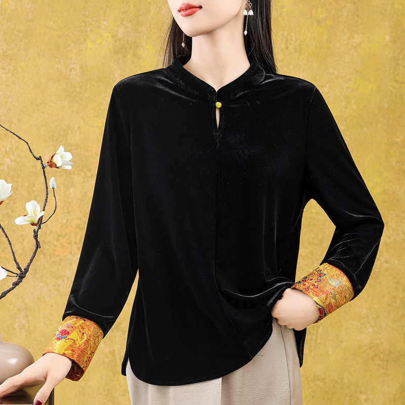 High-End Velvet Jacquard Cuffs, New Chinese-Style Stand-Up Collar Base Shirt for Women, Elegant National Style, Improved Buttoned Loose Top High-End Velvet Jacquard Cuffs, New Chinese-Style Stand-Up Collar Base Shirt for Women, Elegant National Style, Improved Buttoned Loose Top