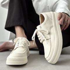 New Men's Shoes Summer Breathable White Leather Shoes Genuine Leather Trendy Versatile Casual White Sneakers Men Thick Sole Low Top Platform Shoes