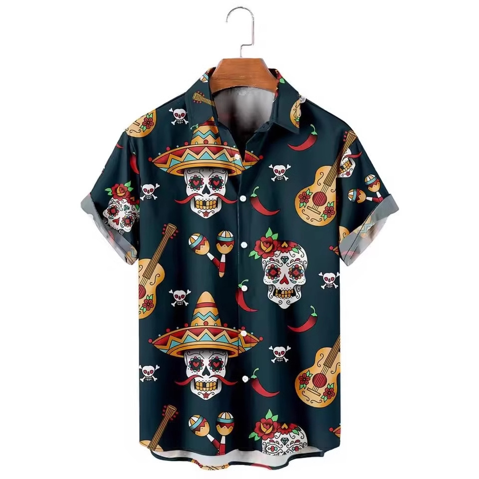 AliExpress Europa y América Venta caliente Colorido Abstracto Diversión Skull Impresión 3D Camisa suelta de manga corta con botones de verano para hombres
