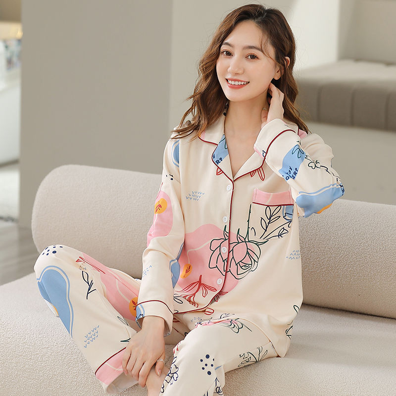 Nuevo traje % pijamas de algodón de las mujeres de primavera y otoño de manga larga de estilo coreano Chaqueta de punto de la muchacha ropa para el hogar al aire libre de invierno