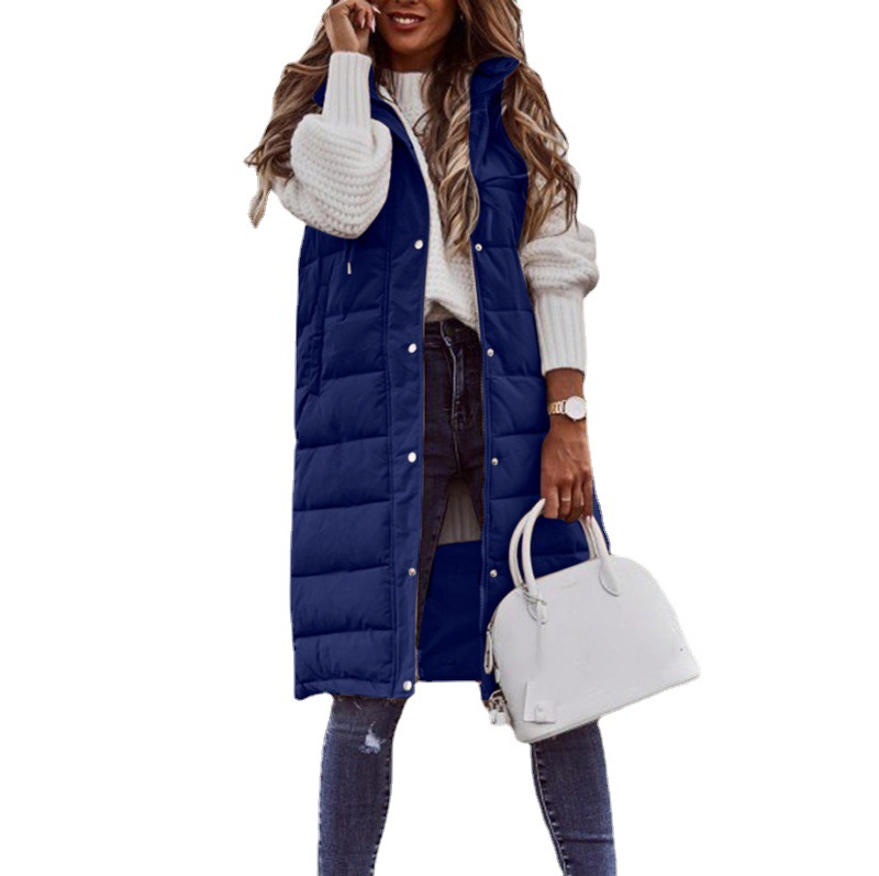 Europa y América nueva moda casual Chaqueta de algodón acolchado de color sólido con capucha chaleco Delgado elegante cardigan sin mangas abrigo de longitud media para las mujeres image 6