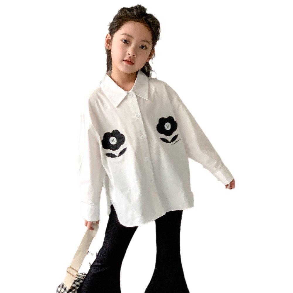 Camisa para niños 2024 primavera estilo coreano ropa para niños camisa de manga larga con bordado de flores para niñas camisa de media longitud para bebés para niños medianos y grandes