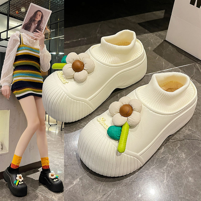 Cute Cartoon Bag Heel Cotton Slippers for Women, Winter Outer Wear Fleece-Lined, Warm, Waterproof, Non-Slip, Thick-Soled Snow Boots