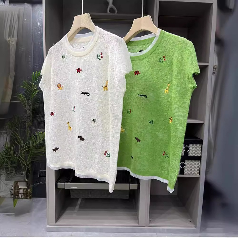 Hanyuan Apparel/26 Spring and Autumn New Women's Wool Jacquard Embroidered Knitted Short-Sleeve Top C23069