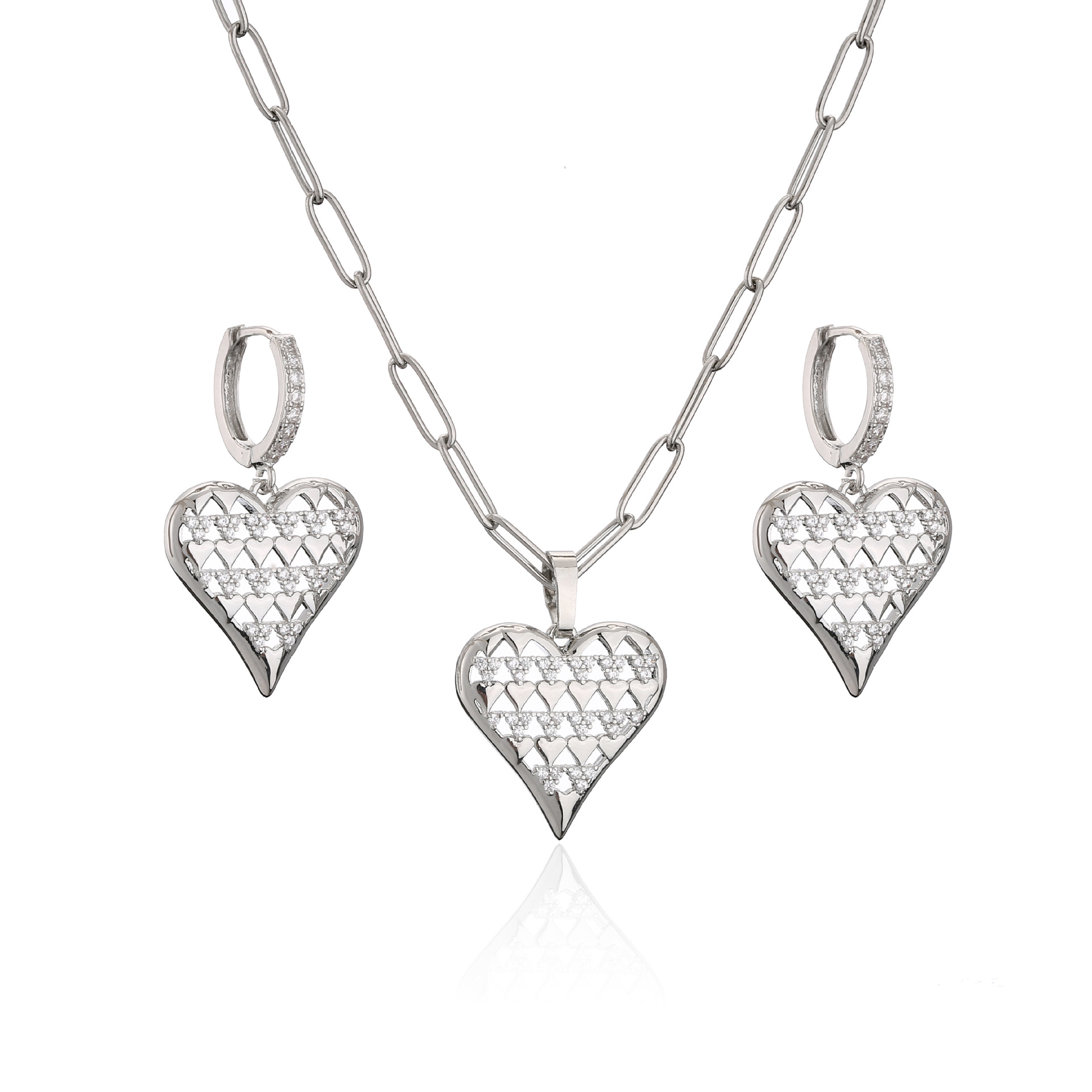 Micro Inlaid Zircon Hollow Heart Shaped Necklace Earrings Set Ornament display picture 3