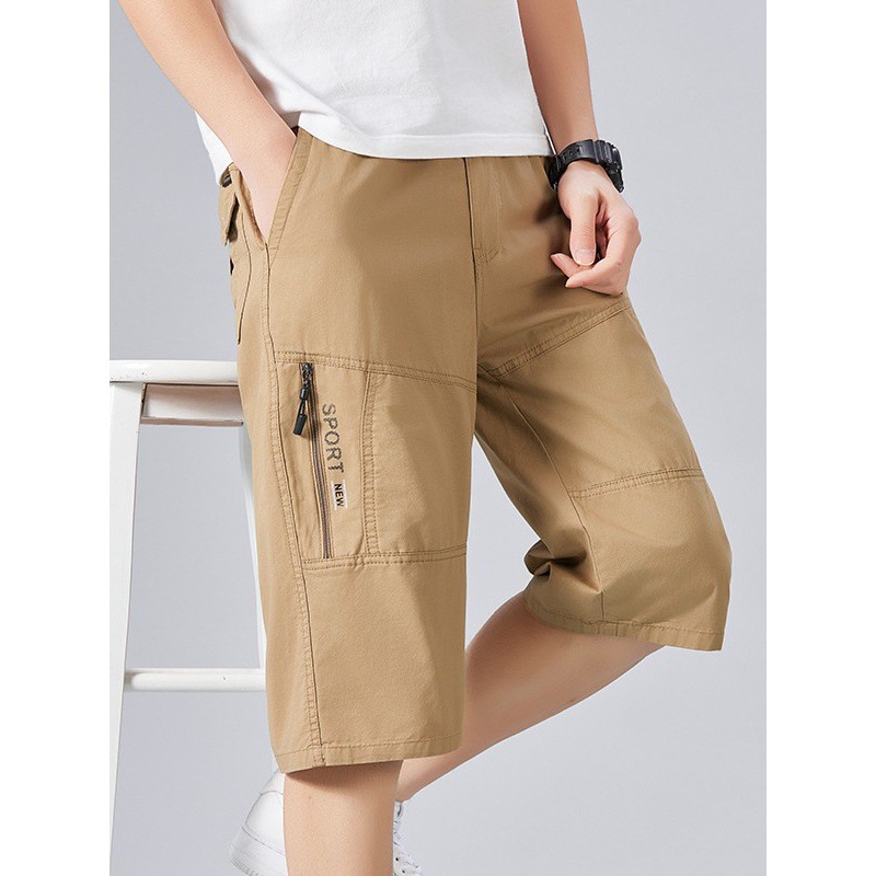 Men's Summer Loose Straight-Leg Cotton Cropped Shorts with Multiple Pockets and Zipper for Dad