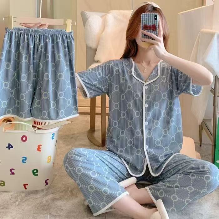 Explosión de tres piezas Cardigan pijama de mujer de verano de mangas cortas pantalones largos delgados se pueden usar dibujos animados dulce conjunto de ropa para el hogar