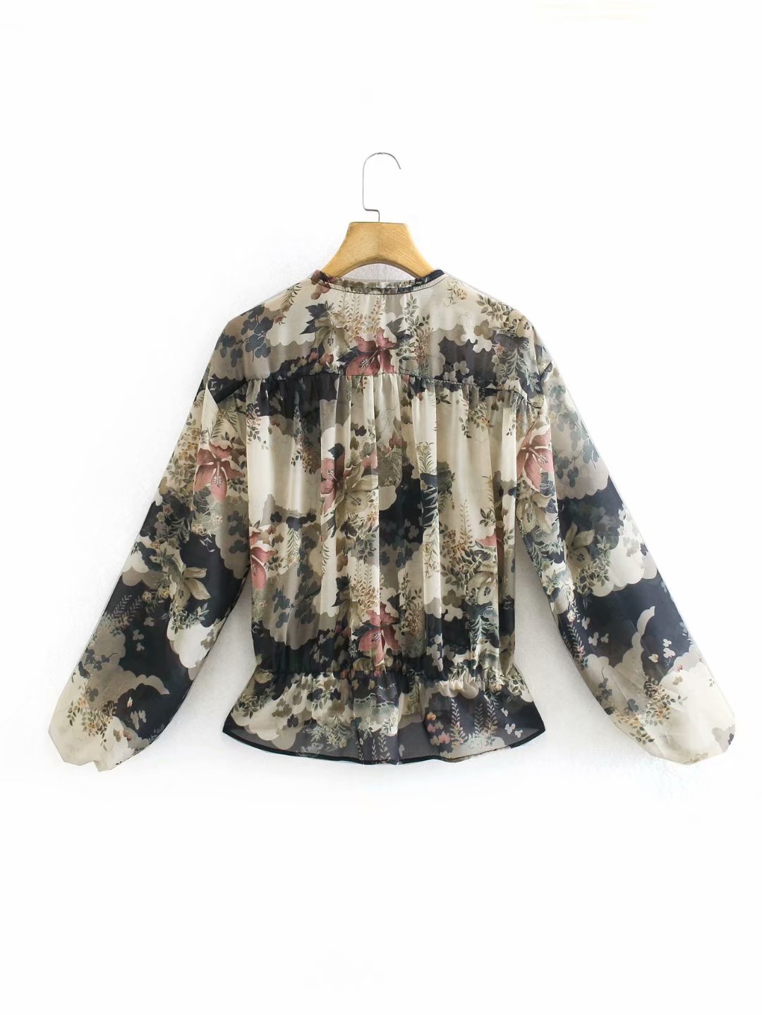 Tie Long Sleeve Loose Print Blouse  NSAM22554