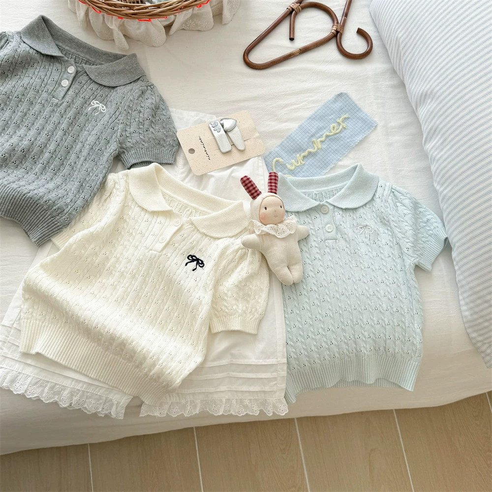 Летняя одежда с бантом, knitted свитер, корейский стиль, детская одежда, с коротким рукавом, западный стиль