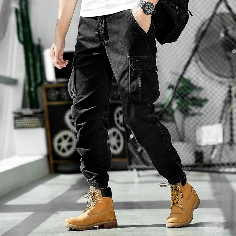 Lavado pesado multi-bolsa guardapolvos de los hombres de primavera y otoño de algodón estiramiento suelta recta marca de moda Pantalones con cremallera pantalones Casuales