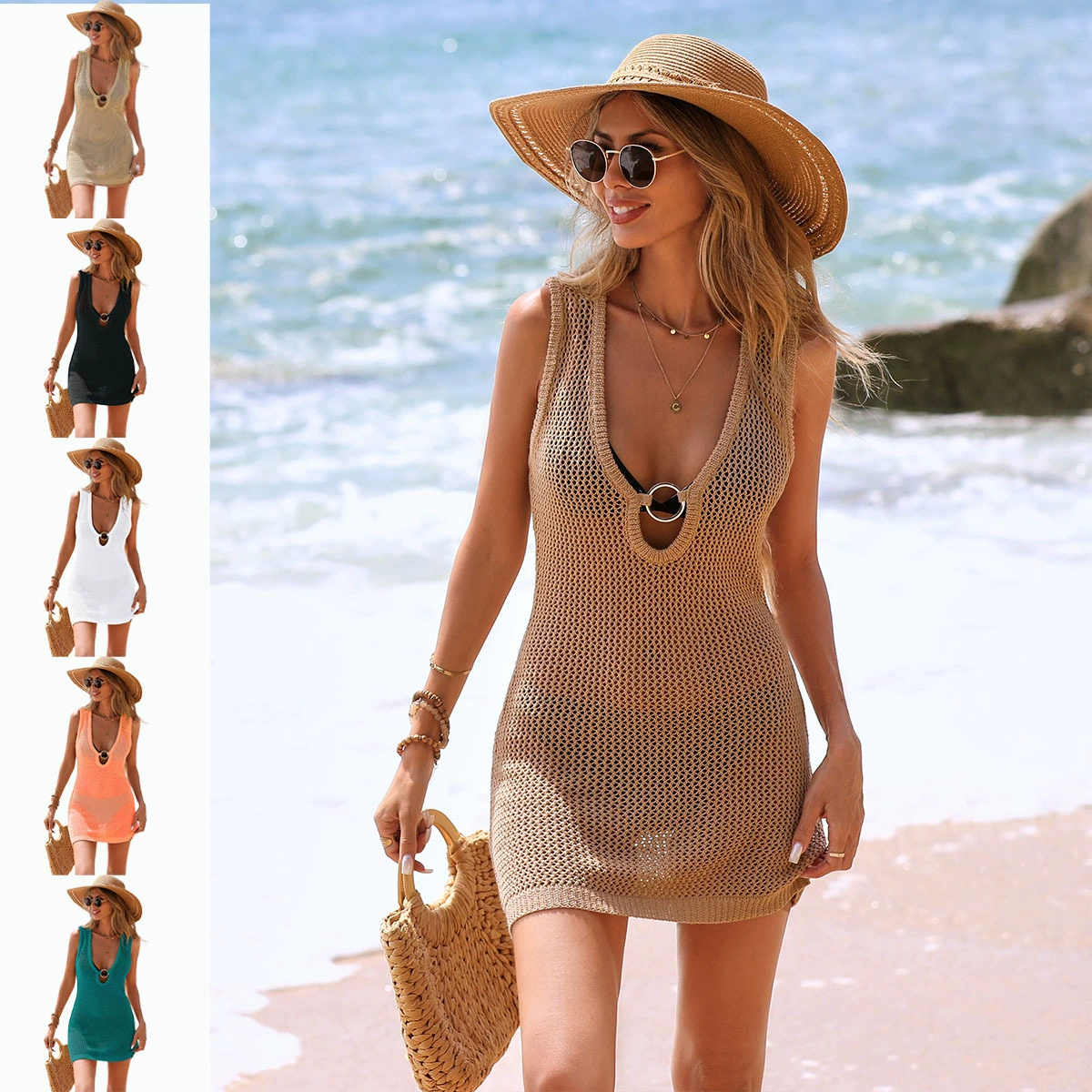 Новое пляжное платье 2026 года с волнистым узором и ажурным дизайном, глубокий V-образный вырез, хит продаж на Amazon, накидка для пляжного бикини