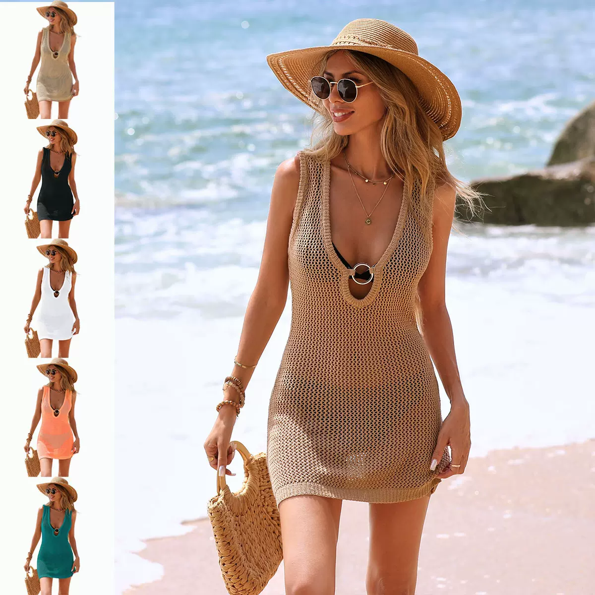 2026新款跨境沙滩裙波纹镂空连衣裙深V亚马逊热销沙滩比基尼罩衫